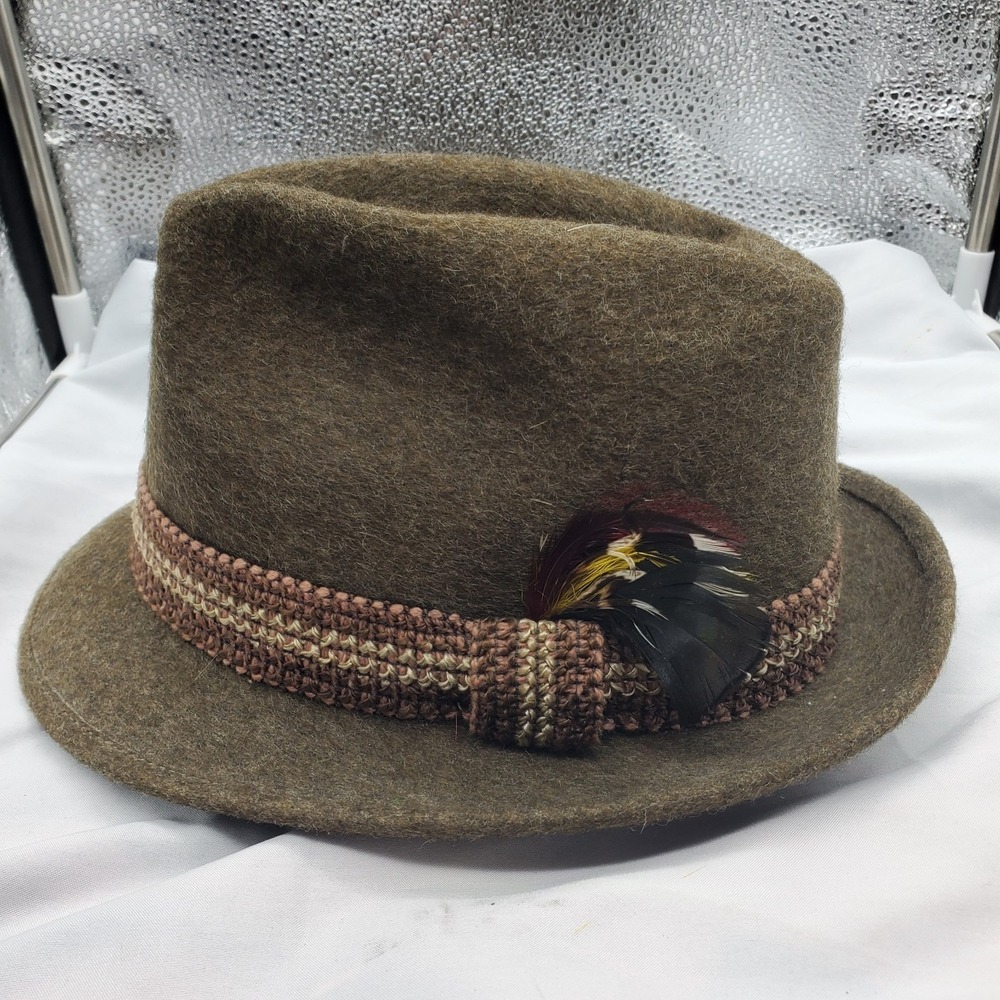 VTG Newport‎ Fedora Hat Womens Medium Brown Merino Wool Felt Feather Trim